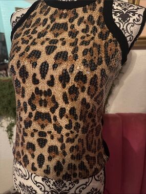 Leopard Sequin Sleeveless Tank Top - Black Trim